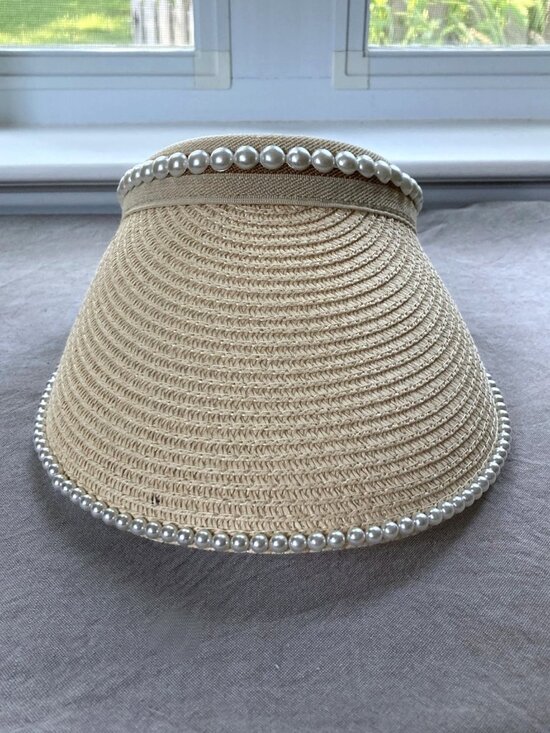Renato Balestra, Italy, Paper Straw Visor, Faux Pearl Sun Hat, Resort Chic, Lux main image 7